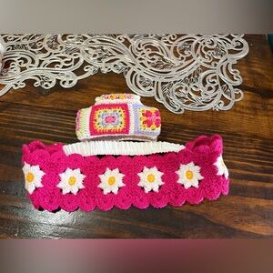 New Pink Crochet Floral Headband & Claw Clip Set